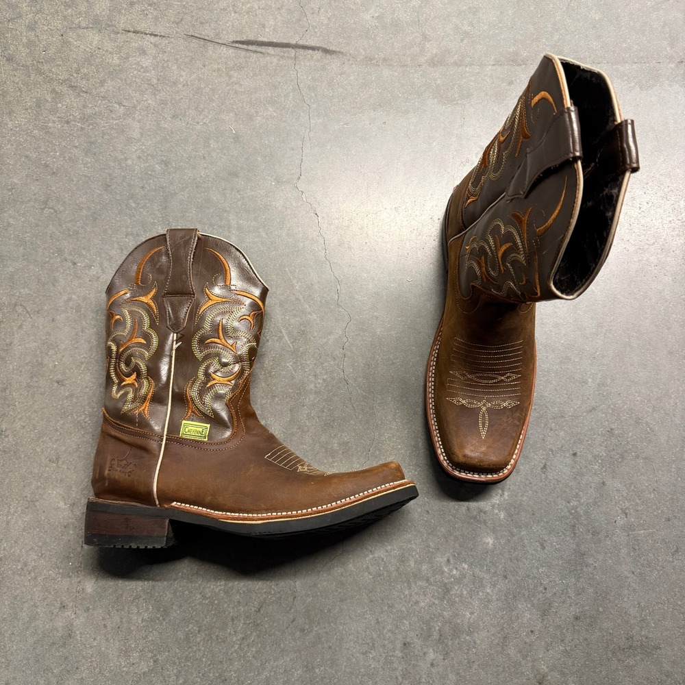 Cheyenne Mens Brown Leather Square Toe Western Cowboy Boots Oil Resistant 9